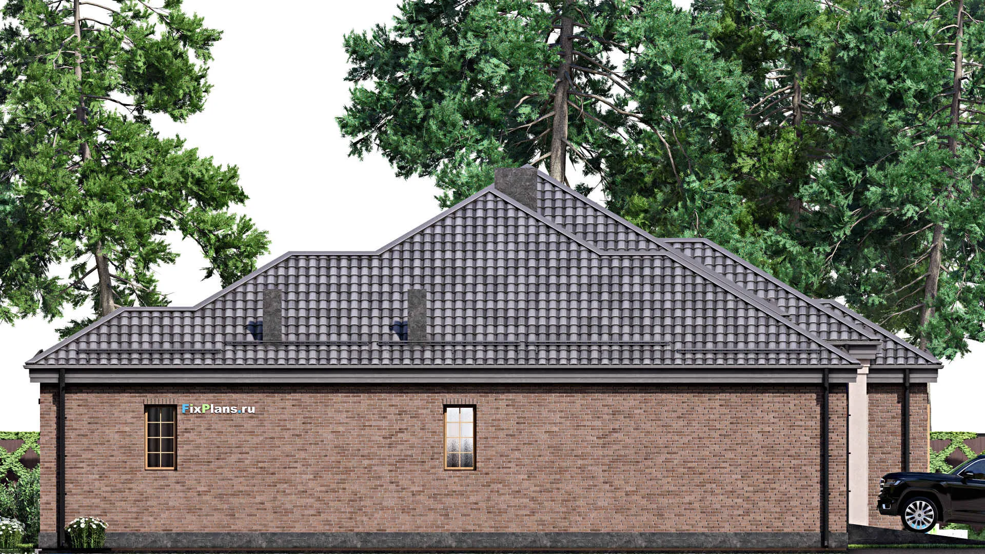 F-16847 - Проект одноэтажного дома 19 на 21, площадью 260 м² с террасой, гаражом на 2 машины и 4 спальнями