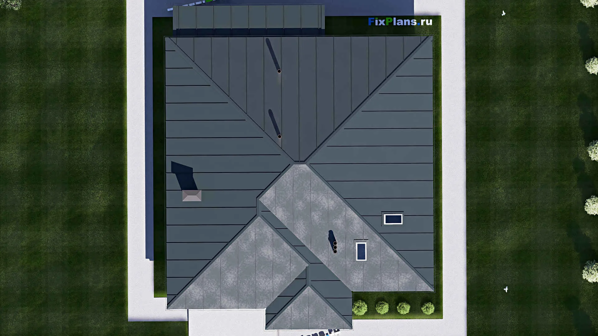 F-20483 - План одноэтажного дома 16 на 20, площадью 230 м² с террасой, гаражом на 2 машины и 3 спальнями