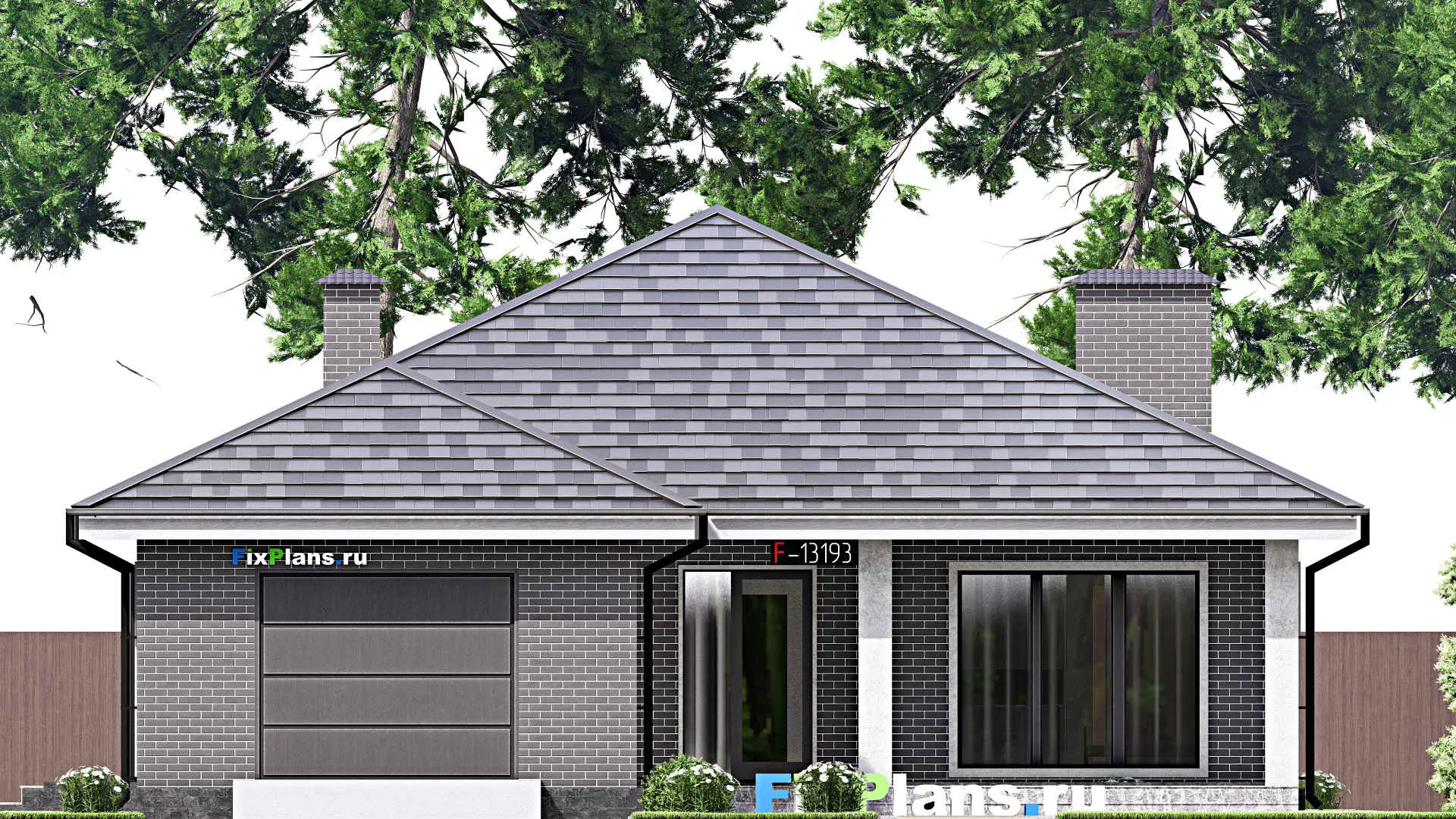 F-13193 - План одноэтажного дома 14 на 25, площадью 260 м² с террасой, гаражом на 2 машины и 3 спальнями