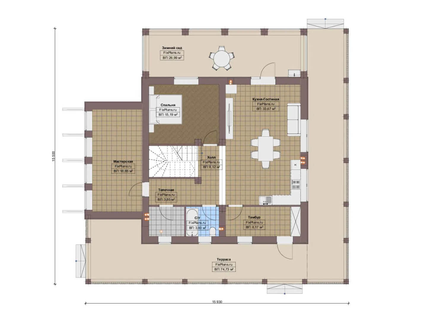 F-20825 - Планы дома с мансардой 16 на 16, площадью 360 м² с террасой, балконом и 4 спальнями