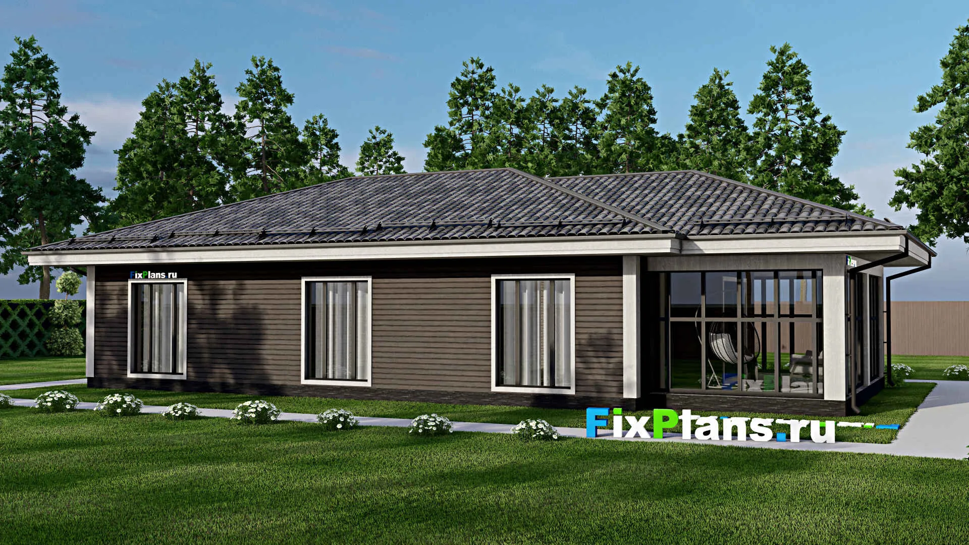 F-7748 - План одноэтажного дома 12 на 19, площадью 160 м² с террасой и 3 спальнями