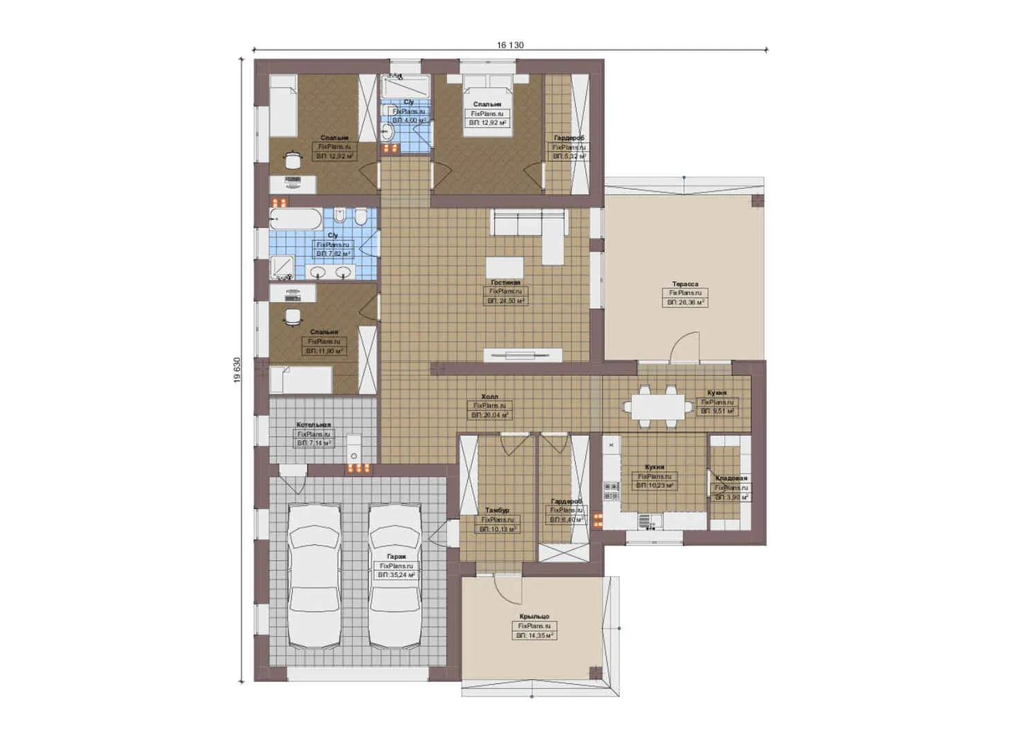 F-13481 - План одноэтажного дома 17 на 20, площадью 230 м² с террасой, гаражом на 2 машины и 3 спальнями